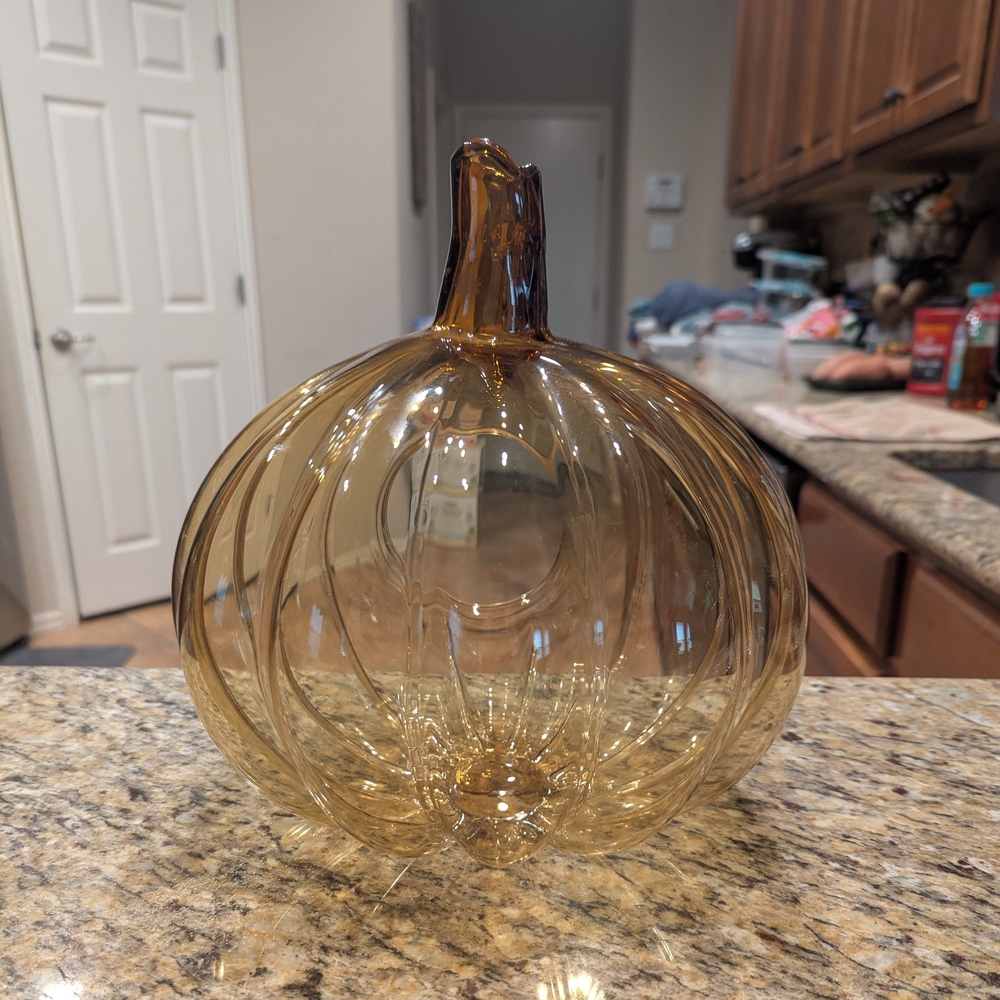 VTG Smith & Hawken Hand Blown Hollow Amber Art Glass Pumpkin Stem Chimney 10.5" - Picture 2 of 11